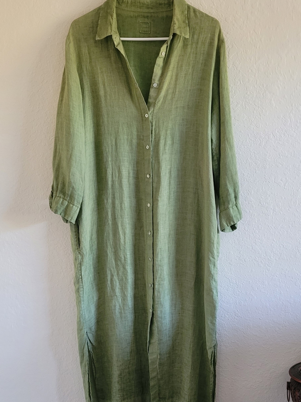 120 % LINO Light Olive Button-Front Midi Shirt Dress. Size M.